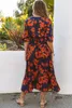 Orange V Neck Wrap Pleated Maxi Floral Dress med slips L7SL#