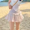 Jupes HOUZHOU rok Ruffle lucu wanita merah muda manis pinggang tinggi renda tambalan jaring Fairycore Mini Mori musim panas gadis 230517
