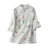 Women's Blouses Cotton Linen Shirt For Women Summer 2023 In Floral Printed Loose Fashion Short Sleeve Chinese Style Top V-neck