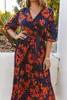 Vestido maxi floral plisado cruzado con cuello en V naranja con corbata l7Sl #