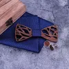 Papillon Cravatta in legno Set di fazzoletti Papillon scozzese da uomo Legno scavato intagliato Design floreale e scatola Novità di moda