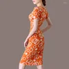 Party Dresses Pencil Dress 2023 Women Summer Ol Commuting Elegant Fashion V-neck Short Sleeve Slim Circle Print Bodycon Sexy Skirt Korean