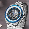 Orologi da polso Sliver Moonphase Skeleton Orologi meccanici sportivi da uomo Orologio da uomo con cinturino in maglia trasparente in acciaio inossidabile