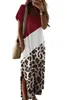 red Leopard Color Block Side Slit T Shirt Maxi Dress Q1UV#