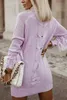 purple Twist Fringe Casual High Neck Sweater Dress Y3Ty#