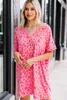 Pink Leopard Print V Neck Shift T-Shirt Dress T81X#