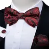 Bow Ties Adjustable Men's Wedding Tie And Pocket Square Cufflinks Set Red Black Paisley Pre-tied Bowties Luxury Party Butterfly Knot