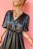 Black Princess Bubble Mouw Satin Mini Dress A8WB#