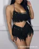 Women's Tracksuits Spaghetti Strap Crop Crochet Top & Tassel Design Shorts Set Women 2pcs Clothes Suit Summer Sexy Sleeveless Camis