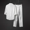 Mens Tracksuits Summer Mens Twopiece Linen Fabric Casual Tshirt and Trousers Sport Fashion Short Sportswear 230516
