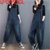 Jeans Vintage Denim Jumpsuit Women Side Big Pockets Baggy Harajuku Overalls Ladies Wideleg Jumpsuit Washed Highquality Clothes 2021