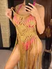 Women's Swimwear 3 Colors Hollow Out Fringe Tassel Knitted Crochet Tunic Beach Cover Up Cover-ups Dress Wear wear Female V3847 230516