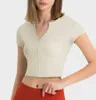 2024 Lu Lu Offenes, gestreiftes, geripptes Nabeloberteil mit tiefem V-Ausschnitt, Sport-Kurzarm-T-Shirt für Damenmode, vielseitiger Outdoor-Fitness-Yoga-Anzug
