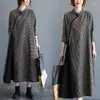캐주얼 드레스 2023 도착 빈티지 중국 스타일 버클 격자 무늬 긴 면화 린넨 패치 워크 여성 느슨한 Cheongam Midi Dress