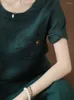 Blusas de mujer 100-109cm Busto/Verano Mujer Todo-fósforo Básico Suelto Verde Cómodo Tejido natural Camisas/Blusas de lino lavado con agua