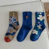 Skarpetki Hosiery New Women Socks Flower Hafdery Harajuku Socks Vintage Japońskie Mody School Girls Retro Streetwear Long Socks Prezenty P230517