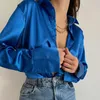 Blouses -shirts voor dames elegante satijnen dames mode tops lente solide lange mouw vintage paarse casual losse knopen kleding 18913 230516