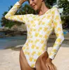 Été femmes maillots de bain Bikini femmes 2023 à manches longues crème solaire maillot de bain imprimé une pièce multicolore dos nu fleur