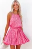 Różowy mini sukienka bez lamparta bez rękawów z talią C8B8#