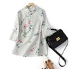 Camisa de linho de algodão para mulheres femininas para mulheres Summer 2023 em Floral impresso de moda solta manga curta estilo chinês Top decote em V