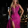 Rose Pink Mermaid Evening Dresses Sleeveless V Neck Appliques Sequins Floor Length 3D Lace Side Slit Beaded Sparkly Prom Dress Formal Plus Size Gowns Party Dress