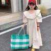 Flickaklänningar 2023 Summer Light Luxury Fashion Korean Kids Clothing kortärmad jumpsuit Solid Color Boutique