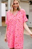 Pink Leopard Print V Neck Shift T-Shirt Dress T81X#