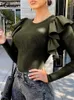 Damesblouses celmia ruches stiksel geribbel gebreide tuniek tops strakke fit mode casual herfst blusa vrouwen lange mouw elegante blouse