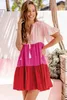 Roze stropdas knop V Hals Korte stroomige mouw Tiered Dress J3XY#