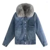 Trench da donna 2023 Giacca invernale in cotone con collo in pelliccia da donna Aggiungi giacche di jeans spesse in velluto Cappotto alla moda allentato Capispalla monopetto