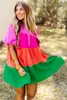 Multicolor Color Block Tiered Puff Sleeve Dress L6zy#