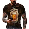 Mens T Shirts Beer 3D Print Men t-shirts Summer Polyester o-Neck Breaber Tapptorkning Kort ärm Loose Tops Tees Overdimensionerade kläder