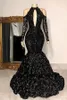 Robes de soirée sirène élégantes noires pour femmes, plus la taille bijou cou dentelle appliques manches longues occasions formelles bal fête célébrité anniversaire robes de reconstitution historique