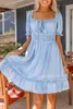 sky Blue Square Neck Front Tie Ruffled Hem Chambray Dress 07Dr#