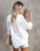 Women's Blouses Shirts Mesh Zie door lange mouwen White Women Streetwear Flower Jacquard Button Down Shirt Oversize Blouse Tops 230516