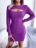 Kleid Frauen Sexy Aushöhlen Lila Pullover Kleid ONeck Langarm Casual Kurze Schwarz Bodycon Gestrickte Mini Kleid Damen Frühling herbst