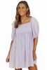 Purple Square Seck Puff Rleeve BabyDoll Mini Dress J1fq#