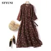 Dresses Red Date Print Vintage Linen Cotton Buttons Women's Dress Round Neck Half Sleeve ALine Lace Up Loose MidCalf Dresses For Women