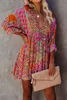 Multicolour v Neck 3/4 Sleeve Boheemian Vintage Print Mini Dress G9K5#