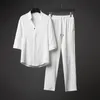 Mens Tracksuits Summer Mens Twopiece Linen Fabric Casual Tshirt and Trousers Sport Fashion Short Sportswear 230516