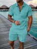 Agasalhos masculinos Conjunto de ternos 3D em cores sólidas, verão, manga curta, camisa polo, shorts, moda, zíper, duas peças, homens