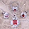 Necklace Earrings Set Classy Red Garnet White CZ Silver Plated Pendant Ring Size 6 / 7 8 9 10 S0112