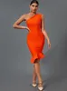 Klänning sjöjungfru midi bandage klänning kvinnor orange bodycon klänning kväll fest elegant sexig en axel födelsedagsklubb outfit 2022 sommar