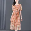 Jurk Zomer 2022 Vrouwen Jurk Elegante Bloemen Lente Driekwart Mouw Vestidos Chinese Vintage Print Faux Zijden Jurken Hoge Kwaliteit