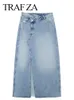 Юбки Trafza Женская передняя щель синяя джинсовая юбка карманы высокая талия Слим -молния Midi Midi Skirts Spring Женская обычная уличная одежда 230516