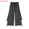 Women's Two Piece Pants Y2K Pocket Cargo Pants Woman Loose Trousers Wide Leg Pink Sashes Belt Campus PB ZA Female Yellow Red Grey Black 230516