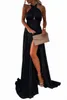 nero Criss Cross Backless coscia alta Split Prom Maxi Dress a9bz #