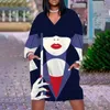 The New Listing Womens Designer Dress New Digital Printed Head Image Temperament Commuting Midskirt Pullover V-Neck Dresses