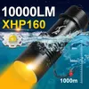 Lampes de poche torches 10000LM XHP160 lampe de poche de plongée professionnelle lampe de plongée lumière jaune torche étanche rechargeable éclairage sous-marin 1000m P230517
