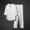 Mens Tracksuits Summer Style Fashion Casual Solid Color Tshirt Suit Högkvalitet Bomull och linne Twopiece Set 5xl 230516